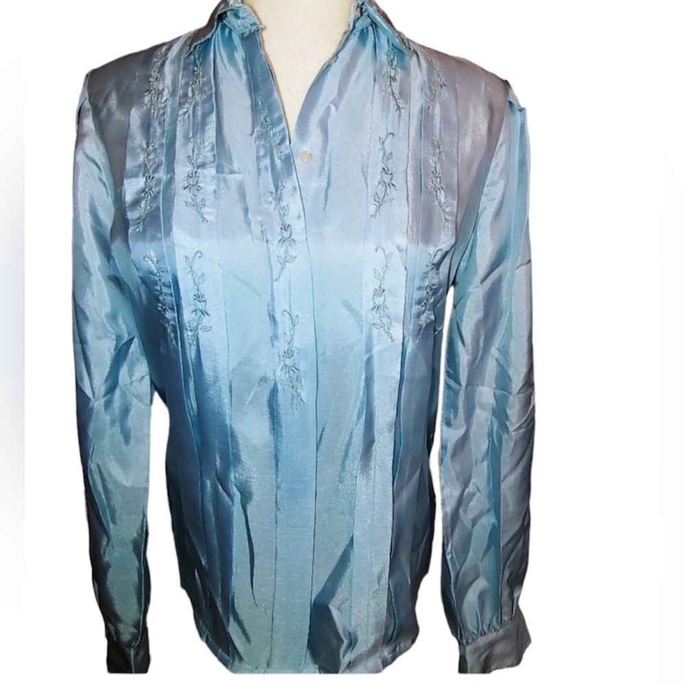 Vintage Alexandria Baby Blue Polyester Button Blouse 8